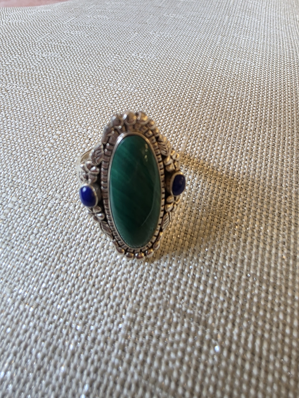 925 Sterling Silver Green Malachite & Blue Stone Statement Ring Size 8 - Picture 12 of 13
